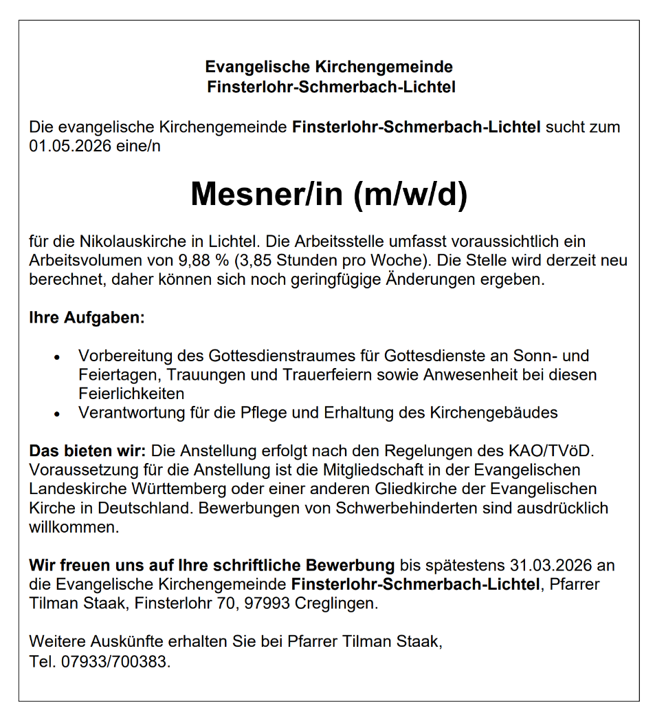 Stellenausschreibung Mesner